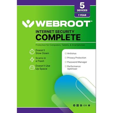 Webroot Internet Security Complete | Antivirus Software 2025 | 5 Device | 1 Year Keycard for PC/Mac/Chromebook/Android/IOS + Password Manager, Performance Optimizer and Cloud Backup | Packaged Version
