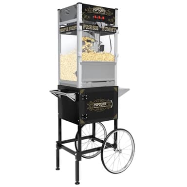 NUEFYR 20 oz Commercial Popcorn Machine Cart - Sleek Black Popcorn Maker with Storage Stand and Wheels for Home Theaters, Parties and Concession Stands