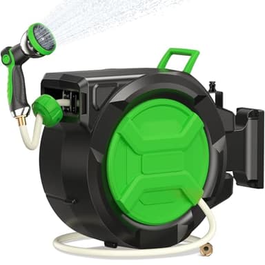 Retractable Garden Hose Reel 1/2" x 100ft, Wall Mounted Water Hose Reel with Auto Rewind, Any Length Lock, 180° Swivel Bracket & 9-Pattern Spray Nozzle, Heavy Duty Outdoor Hose Storage for Garden