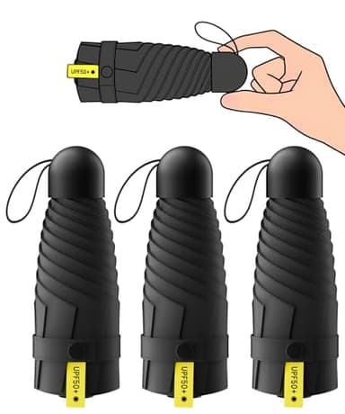 3 Pack Travel Mini Umbrella Small Compact, Portable Umbrella with UV Protection UPF 50+, Rainproof & Sunproof Folding Umbrella, Backpack & Pocket-Friendly, Suitable for Kids, Women & Men (Black)