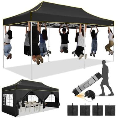 HOTEEL 10x20 Heavy Duty Pop Up Canopy Tent with Sidewalls, Commercial Outdoor Canopy Tents for Parties Event Wedding with Roller Bag, Waterproof & UV 50+, Upgraded Thickened Hexagonal Legs, Black