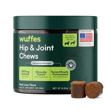 Wuffes Advanced Dog Hip and Joint Supplement with Glucosamine, Chondroitin, Omega 3, MSM, and Green Lipped Mussel, 30 Pork Flavored Chews for Large Dog Breeds
