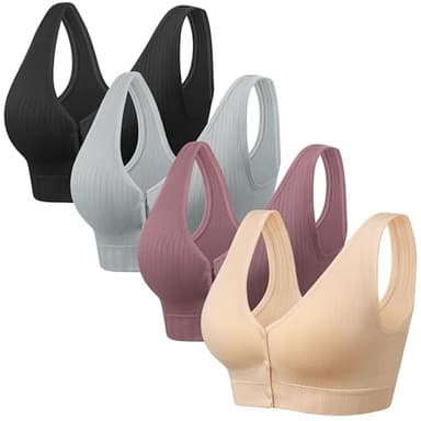 Angelhood Front Close Wireless Bras for Women, Smoothing Padded Bralette, Comfortable Snap Closing Bras, 4 Pack, Large