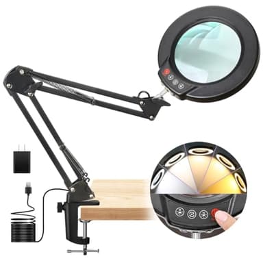 Seylae 10X Magnifying Glass with Light and Clamp, Real Glass Lens, 5 Color Modes LED Dimmable Magnifier, Hands Free for Crafts, Jewelry, Painting, Sewing, Close Work