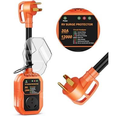 RV Surge Protector 30 Amp 12000J, Surge Protection RV Circuit Analyzer, RV Adapter Plug for Camper Travel Trailers with Waterpoof Cover, Plug and Play