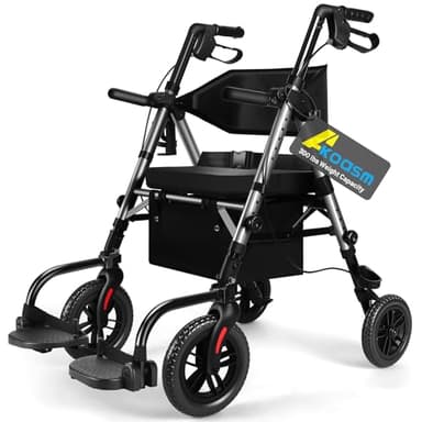 Foldable Rollator Walkers for Seniors with Seat, Lightweight 2 in 1 Rolling Walker Wheelchair Combo for Adult, Transport Chair with Brakes, Adjustable Seat and Handle, 300 Lb. Weight Capacity, Grey