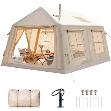 8-10 Person Large Inflatable Tents for Camping, Blow Up Tent House 2 Rooms, 4 Season Hot Tent with Stove Jack & AC Ports, Glamping Camping Tents for Outdoors, Easy Setup with Air Pump