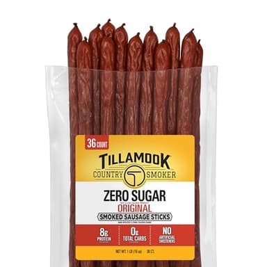 Tillamook Country Smoker Smoked Sausage, Zero Sugar, Original, 16 Ounce (36 Count Meat Sticks Bulk Pack) Real Hardwood Smoked Sausages, Low Carb, High Protein Ready to Eat Keto Snack