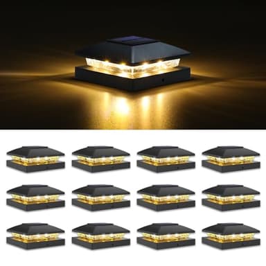 VOLISUN 4x4 Solar Post Cap Light 12pack,Solar Fence - Post Lights Outdoor Waterproof for Wooden/Vinyl Post,Black Deck Post Cap Light Solar Powered with Warm White for Garden/Patio/Porch