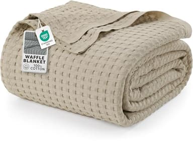 Utopia Bedding Khaki 100% Cotton Waffle Blanket 300 GSM [Queen - 90x90 Inch] Soft Lightweight Breathable Bed Blanket for All Season
