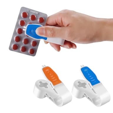 【Elderly-Friendly】 2-in-1 Pill Remover & Medicine Organizer | Easy Blister Pack Opener for Seniors, Arthritis Patients | Safe Dual-Tooth Design with Storage Box (Blue+Orange Set)