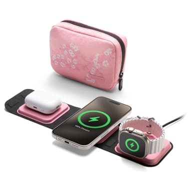 Mophie 3-in-1 Travel Charger with MagSafe - Portable Wireless Charging Hub, Compatible w/iPhone 17/16/15/14/13/12 Series, Apple Watch Series 11 to 1 & Ultra, AirPods Pro/3rd Gen, Cherry Blossom Pink