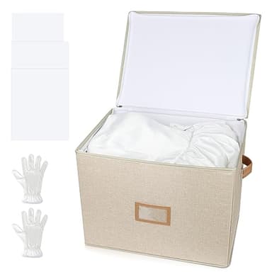 Wedding Dress Storage Box, Wedding Dress Preservation Box with Lid, Foldable Acid-Free Organizer with 1 Pair of Microfiber Gloves and 20 Sheets of Acid-Free Paper (1, Medium)