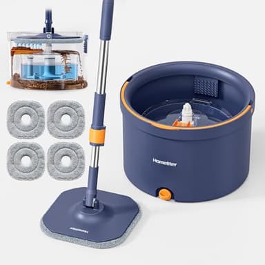 HoMettler Spin Mop and Bucket Set, Mop Bucket with Separate Dirty Water System, Deep-Cleaning Mops for Floors/Wall, Versatile Mops with 4 Microfiber Mop Pads
