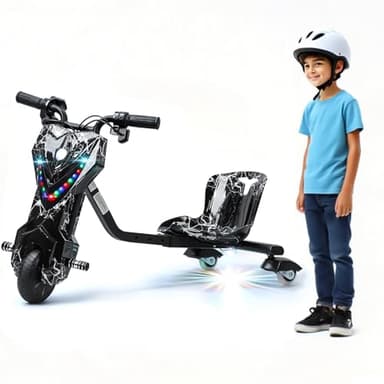 sxvbdway Electric Drift Trike for Kids, Drift Cart, Big Wheel Drifting Tricycle, Kid Ride on Tricycles for Ages 8+, with Adjustable Seat, 9 Miles/h Speed, Adjustable Length, with Light Black White