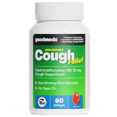GoodMeds Cough Relief for Adults Softgels Dextromethorphan HBr (DXM) 15mg 8Hour, Non-Drowsy, Long-Lasting Bronchial Suppressant for Dry Cough and Chest Congestion (60 Count)