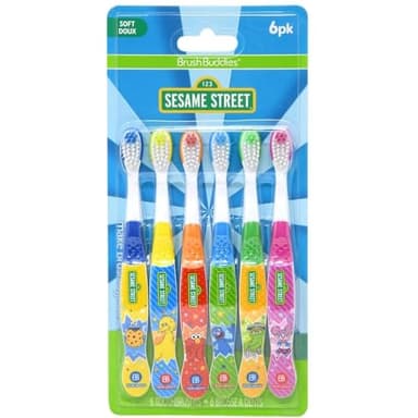 Brush Buddies Sesame Street Toothbrushes for Kids, Soft Bristle Toddler Toothbrushes Ages 2-4, Fun Sesame Street Designs, 6-Count Set