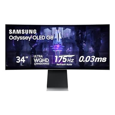 Samsung 34' Odyssey G85SB Series QD-OLED Ultra WQHD Curved Gaming Monitor, 175Hz, 0.03ms, DisplayHDR True Black 400, AMD FreeSync Premium Pro, Advanced Game Streaming, LS34BG850SNXZA