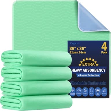 FYGRIP 4 Pack 36” x 36” Extra Heavy Absorbency Washable Underpads, Waterproof Quick Drying Nursing Incontinence Reusable Washable Bed Pee Pads for Dogs, Diaper Changing & Adults, Green
