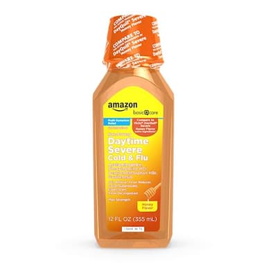 Amazon Basic Care Maximum Strength Daytime Honey Flavor Severe Cold and Flu Relief, Multi-Symptom, Non-Drowsy, Cough, Sore Throat, Nasal Congestion, Liquid Medicine, 12 fl oz (Pack of 1)