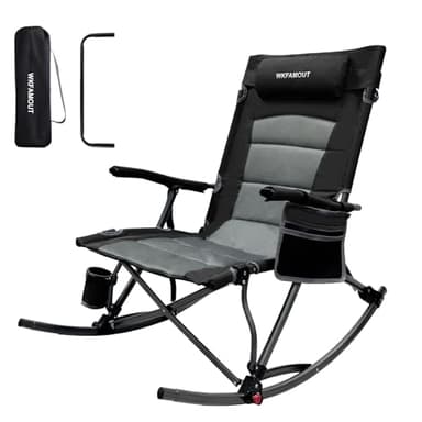 WKFAMOUT 13.8" High Seat Rocking Camping Chair Outdoor with Foot Rest & Headrest, Oversized Folding Rocker Chair with Carry Bag for Lawn Patio Supports 300 lbs