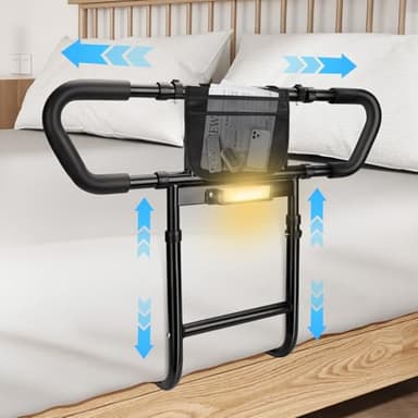easymake Bed Rails for Elderly Adults Safety: Adjustable Bedside Assist Rails with Storage Pockets, Non-Slip Handles, Items for Elderly Bed Rail, 400LB Gravity Capacity Black