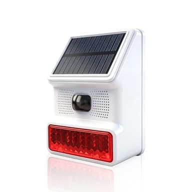 Solar Motion Sensor Alarm Outdoor - Infrared Sound & Light Alarm, 100 dB Siren Sound Alert 14 Sounds, Red Flashing Warning Strobe Security Light for Outdoor/Indoor Villa Yard Barn Farm Garden Camping