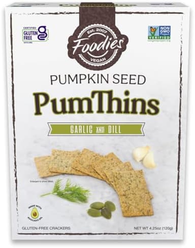 Foodies PumThins Garlic and Dill Pumpkin Seed Crackers, Gluten Free, Grain Free, Low Carb, No Seed Oils, High Protein, Clean Ingredients, 4.25 oz (1-Pack)