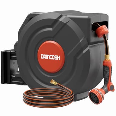 Retractable Garden Hose Reel 100 ft 1/2 inch Automatic Rewind with Any-Length Lock 9 Pattern Sprayer Nozzle 180° Swivel Wall-Mounted Hose Reel for Home Yards