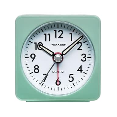 Peakeep Ultra Small, Battery Travel Alarm Clock with Snooze and Light, Silent with No Ticking Analog Quartz (Aquamarine)