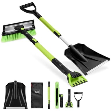 Best Choice Products 4 in 1 Snow Brush with Shovel, Squeegee & Ice Scraper, Up to 39" Extendable Foam Grip, 270° Pivoting Snow Brush for Car Truck SUV, Storage Bag Included - Lime