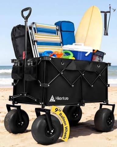 Hikenture Beach Wagon with Balloon Wheels, 9" PU Tires Collapsible Wagon, 440lbs Heavy Duty Beach Cart with Big Wheels for Sand, Large Capacity Utility Wagons Carts Foldable (Enlarged Air Pump)