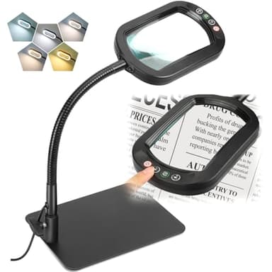 Veemagni 10X Rectangle Magnifying Glass with Light and Stand, Flexible Gooseneck LED Lighted Desk Lamp, 5 Color Modes Stepless Dimmable, Hands Free Magnifier for Reading Crafts Painting Close Work
