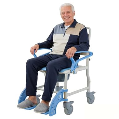 XIAOSHUNER 4-in-1 Rolling Shower Chair with Wheels for Elderly and Disabled, Shower Commode Chair with Bucket and Safety Locking Casters, Bedside Toilet Riser for Seniors, Light Blue