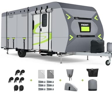 Heavy Duty 8 Layers RV Cover 35-38ft, Rip-Stop Motorhome Camper Cover with Windproof Straps, Gutter & Tongue Jack Covers, Utility Travel Trailer Cover for All Weather Protection