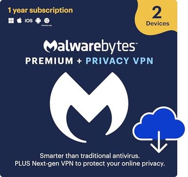 Malwarebytes Premium + Privacy VPN bundle | 1 Year, 2 Devices | Windows, Mac OS, Android, Apple iOS, Chrome [Online Code]