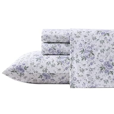 Laura Ashley - Queen Sheet Set, Buttery-Soft Bed Sheets with a Naturally Silky Smooth Cotton Sateen Lightweight Feel - Matching Pillowcases & Fitted Sheet (Lilian Purple)