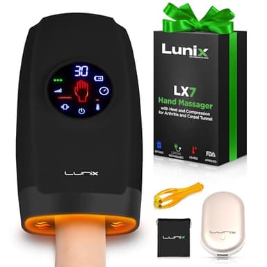 Lunix LX7 FSA LCD Touchscreen Hand Massager, Heated Air Compression, for Arthritis & Carpal Tunnel Relief, Finger Numbness & Wrist Pain Relief, Cordless Rechargeable, Charcoal Black