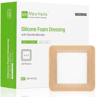 NeuHeils Silicone Foam Dressing with Gentle Border 4''x4'', 20 Pack for Bed Sore Leg Ulcer, High Absorbency Large Waterproof Silicone Wound Bandage