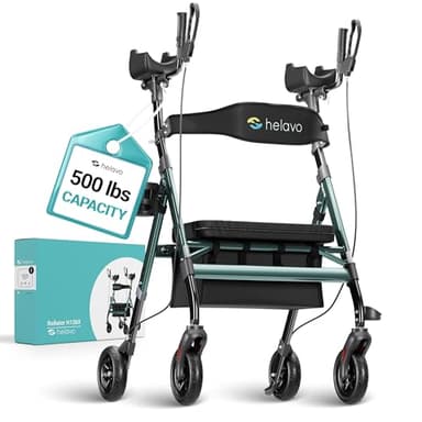 Helavo Extra Wide 28.3" Bariatric Upright Walker for Seniors, 500 lbs Capacity with 8“ Flat-Free Solid Rubber Tires, Height Adjustable Stand Up Walker with Seat, All Terrain Heavy Duty Rollator