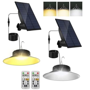 TSUNESLUX 2 Pack Solar Shed Light Outdoor Indoor, Solar Powered Pendant Light with Remote 3000K/4000K/6000K, IP65 Waterproof for Garden, Patio, Balcony, Barn, Shed, Chicken Coop, Gazebo