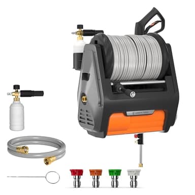 Giraffe Tools Grandfalls Retractable Pressure Washer Pro, Wall Mount Pressure Washer, Electric Power Washer, Automatic Rewind, 2900PSI, 100ft Pressure Hoses, Dark Silver Case