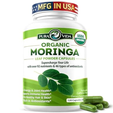 PURA VIDA MORINGA Organic Moringa Capsules, Pure Moringa Leaf Powder Single Origin for Energy, Metabolism & Immune Support, 120ct, 500mg Caps