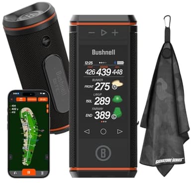 Bushnell Golf Wingman HD GPS Speaker with Color Touchscreen, Audible and Visual Front/Center/Back with Powerful 360 Degree Audio, Hazard Distances. Full Hole View and Signature Series Golf Towel