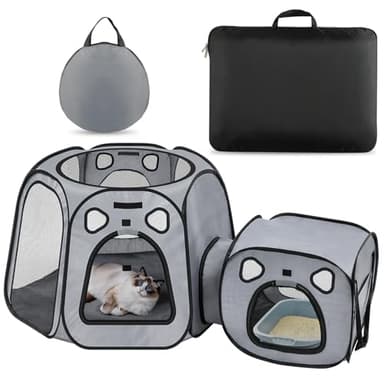 Snuvid Cat Playpen with Separate Litter Box Area, Large Foldable Waterproof Cat Tent - 600D Oxford, Portable Indoor/Outdoor Pet Enclosure, Cage, House & Condos with Carrybag for Kittens, Small Dogs