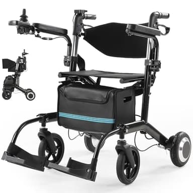 Foldable 4-in-1 Electric Wheelchair & Rollator Walker – Lightweight, Compact & Portable Electric Rollator for Seniors with Seat, Black (Black, 1 * 6Ah)