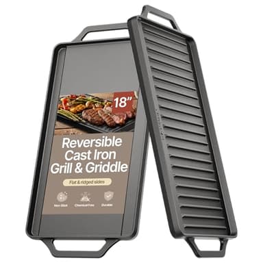 Bakken 18” Reversible Cast Iron Griddle, Flat & Grill Side, Dual Burner Cooking Plate for Pancakes, Meats & Veggies, Pre-Seasoned, Nonstick, Oven & Campfire Safe, Heavy-Duty Griddle Top with Mitt