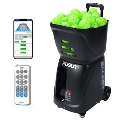 PUSUN PP-Smart Portable Pickleball Machine, App Control, 28 Points, 10 Modes, Topspin & Backspin 6 Levels, 12-75 MPH, 1.8-8s/Ball, 65 FT, 80+ Balls, 4-6H Battery, for Beginners & Intermediate Players