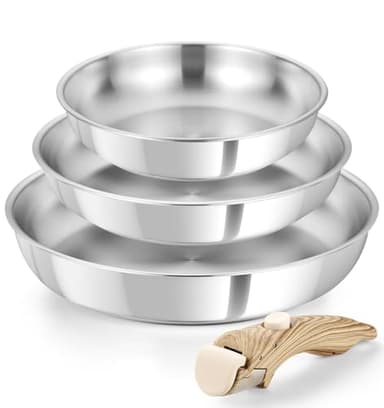 KOCH SYSTEME CS Stainless Steel Frying Pan Set, 18/10 Stainless Steel Pan Set with Stylish Removable Handles, Tri-Ply Steel Base, Save 75% Space, Induction Compatible Skillets, 8" & 9.5" & 11"