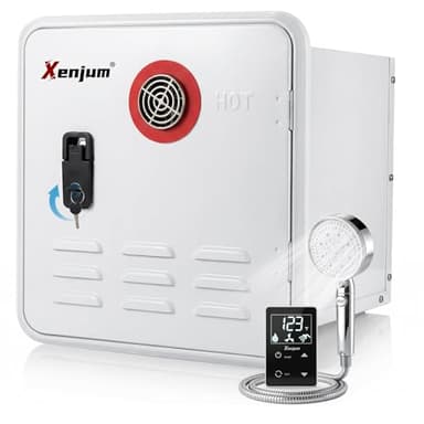 Xenjum RV Tankless Water Heater, 65000BTU Dual-Outlet Lockable Instant Camper Hot Water Heater with Controller, 12V Propane Saving Shower for Full Time RV, Off-Grid, High Altitude, 15x15 Inch Door